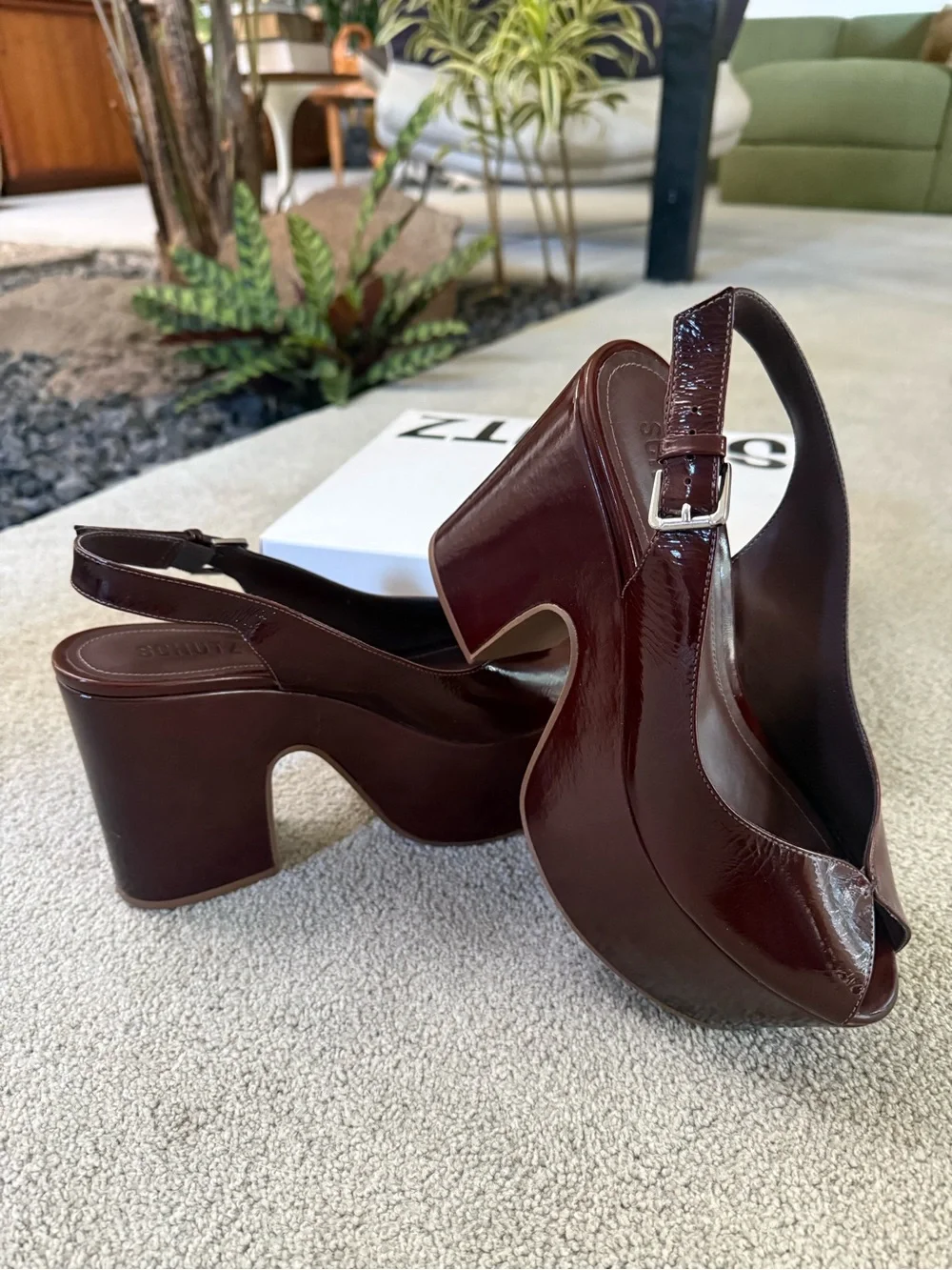 SCHUTZ Brandi Leather Platform Slingback Heels in Root Beer Brown